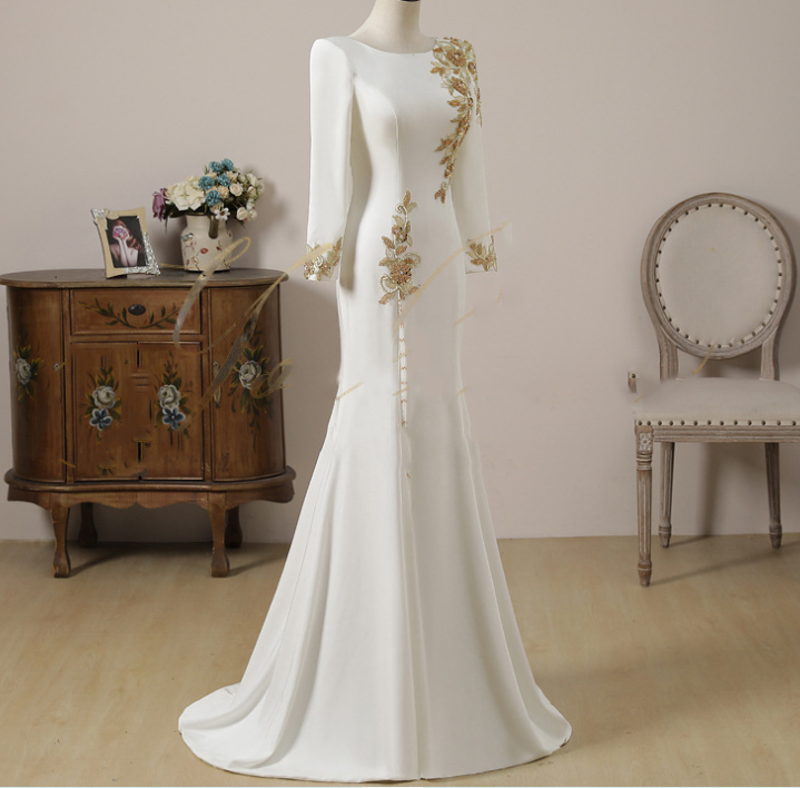 White evening party dress long sleeve embroidery version stage solo performance dress Female long vocal art test dress host clothing fish tail slim dress