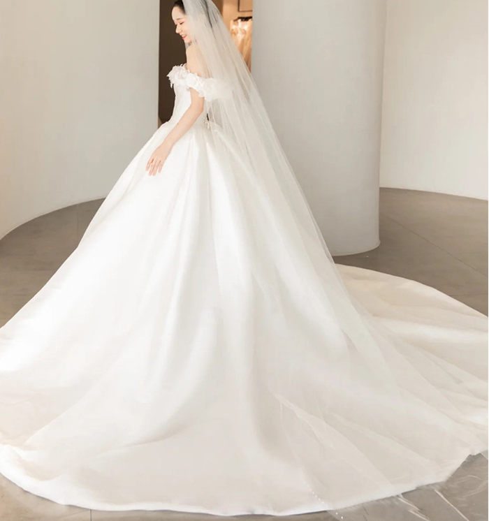 Wedding dress evening dress bride shoulder spring forging face simple lean atmosphere sen super fairy dream big tail