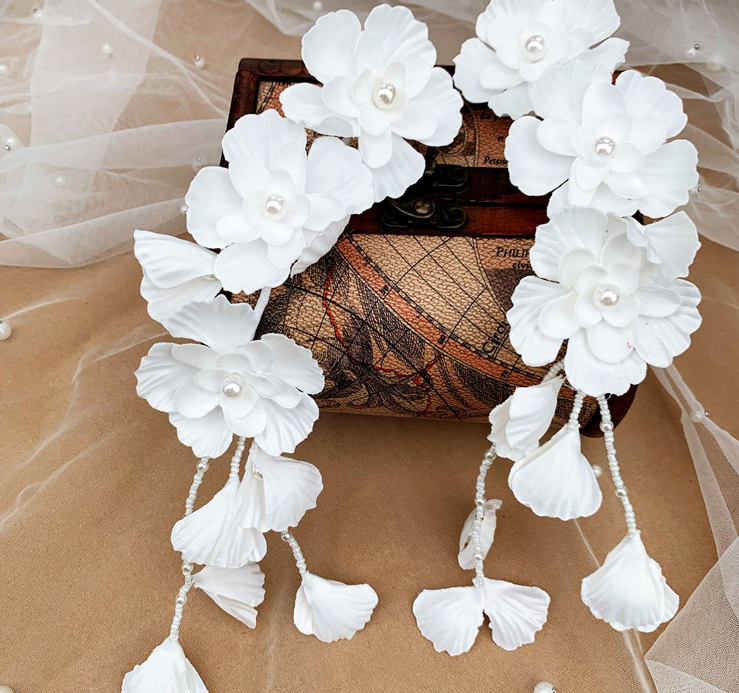 New beaded white petals ear hanging side head flower multi-purpose bridal headdress wedding and makeup photography modeling