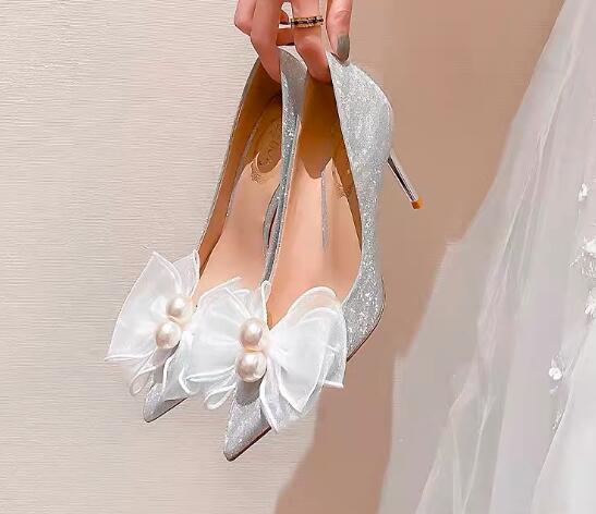 white wedding heels pearl bow heel wedding photos Fairy wind white wedding shoes Large size bridesmaid high single shoes lady