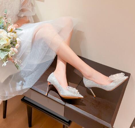 white wedding heels pearl bow heel wedding photos Fairy wind white wedding shoes Large size bridesmaid high single shoes lady