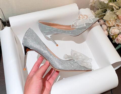 white wedding heels pearl bow heel wedding photos Fairy wind white wedding shoes Large size bridesmaid high single shoes lady