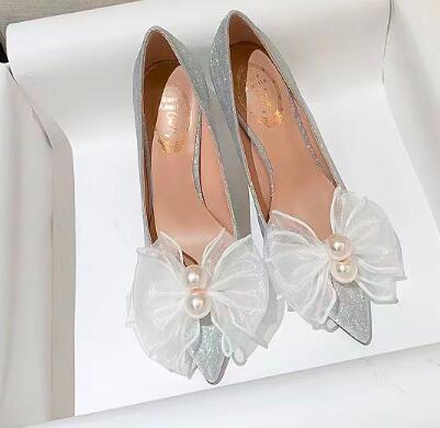 white wedding heels pearl bow heel wedding photos Fairy wind white wedding shoes Large size bridesmaid high single shoes lady