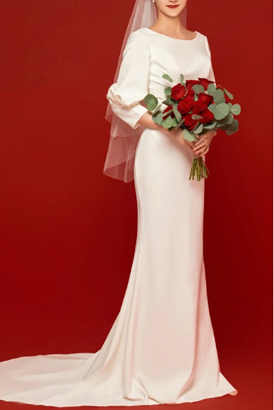 Satin light wedding dress 2022 New Bride Chinese retro white simple collar license little white skirt fishtail dress long sleeves