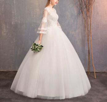 Wedding dress evening dress  one-word shoulder sleeve Korean bride wedding yarn neat large size show thin wedding wholesale