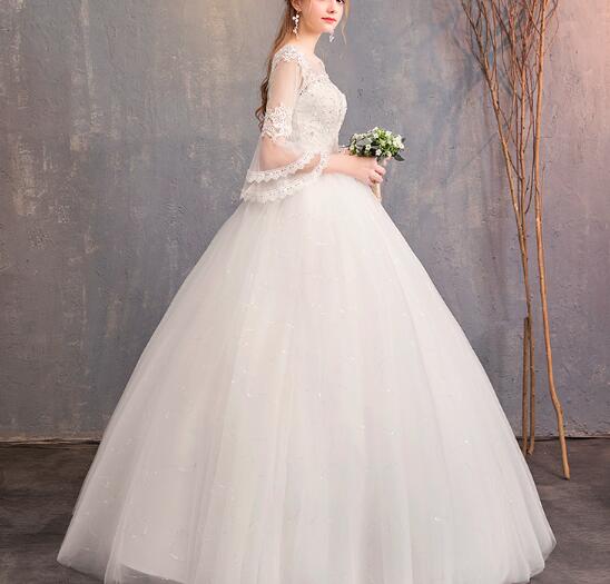 Wedding dress evening dress  one-word shoulder sleeve Korean bride wedding yarn neat large size show thin wedding wholesale