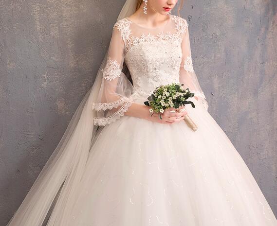 Wedding dress evening dress  one-word shoulder sleeve Korean bride wedding yarn neat large size show thin wedding wholesale