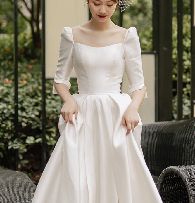 Satin wedding dress French light long sleeves simple 2022 new bride super fairy slim dress out wedding dress