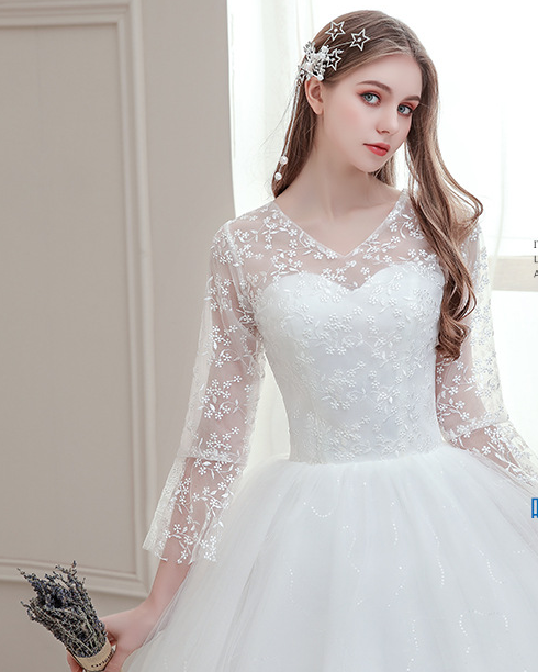 Light wedding dress 2022 new bride with one-word shoulder long sleeves simple French starry wedding retro wedding dress