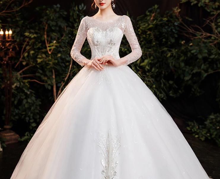 Wedding dress evening dress  bride with one shoulder long sleeves simple light wedding dress wholesale small high waist