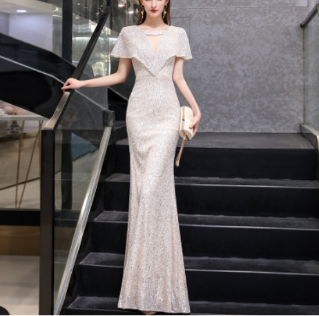 Silver annual evening dress female spring 2022 fishtail banquet temperament host aura queen dress