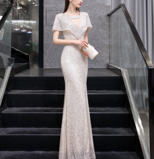 Silver annual evening dress female spring 2022 fishtail banquet temperament host aura queen dress