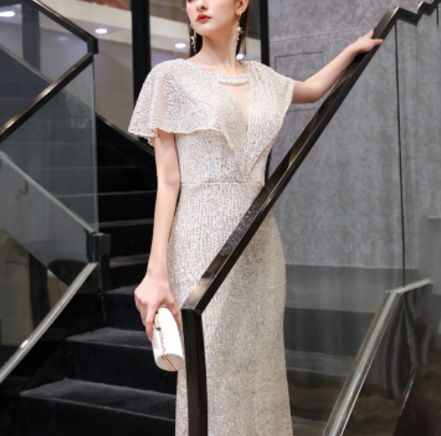 Silver annual evening dress female spring 2022 fishtail banquet temperament host aura queen dress