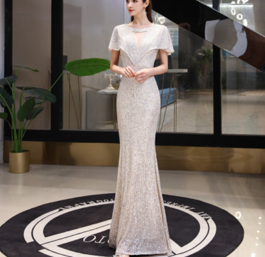 Silver annual evening dress female spring 2022 fishtail banquet temperament host aura queen dress