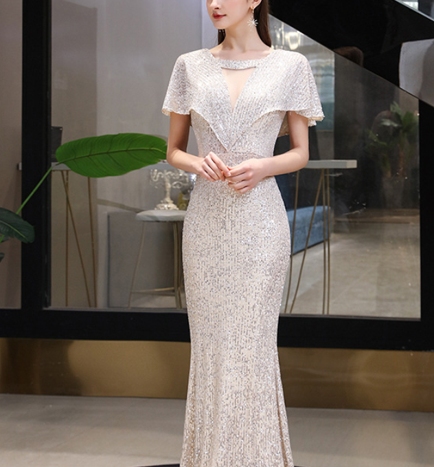 Silver annual evening dress female spring 2022 fishtail banquet temperament host aura queen dress