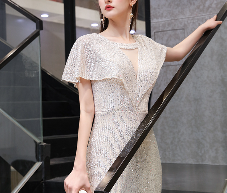 Silver annual evening dress female spring 2022 fishtail banquet temperament host aura queen dress