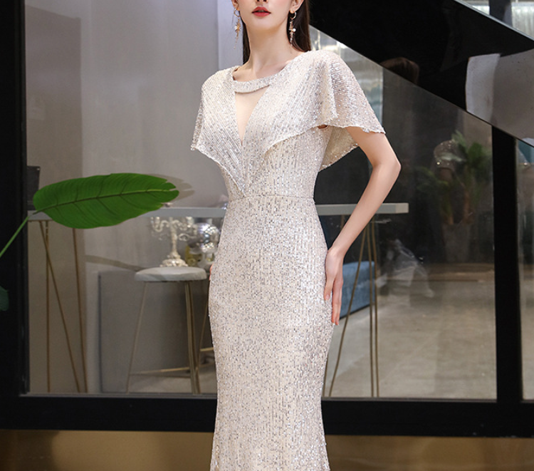 Silver annual evening dress female spring 2022 fishtail banquet temperament host aura queen dress