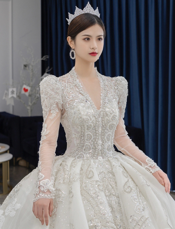 Wedding dress princess dress bubble sleeve long sleeve lace dress new bride wedding dress palace style high sense of big tail