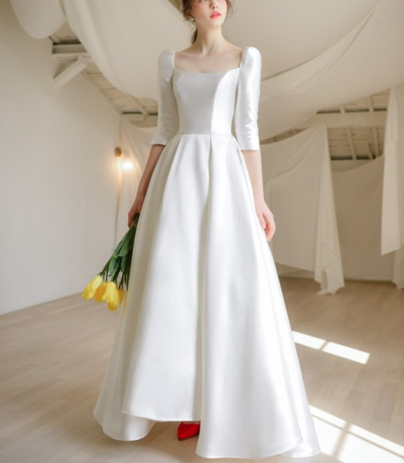 Simple vintage satin wedding Dress 2022 Summer new mid-length sleeved square collar satin go out light wedding dress