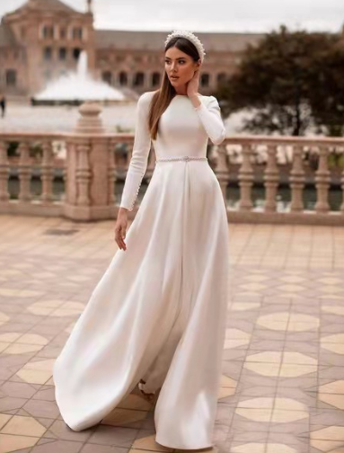 Wedding dress backless pearl long dress long sleeve bridal satin long sleeves slimming simple European and American light train wedding dress