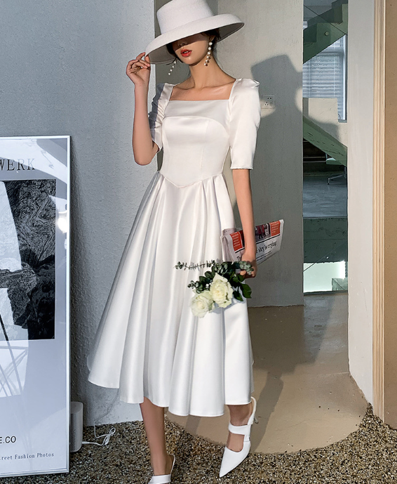 White evening dress super fairy dress Party temperament satin engagement light wedding dress autumn wedding license little white dress