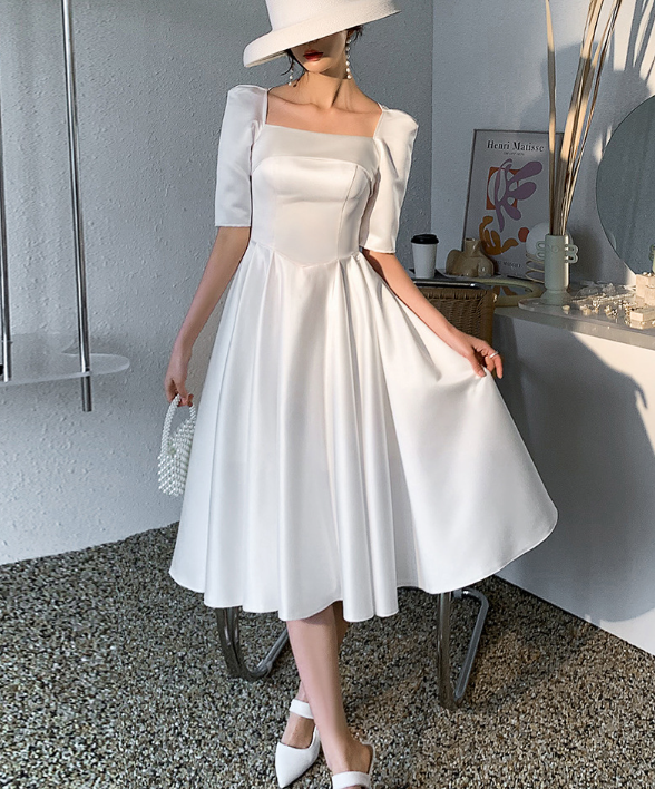 White evening dress super fairy dress Party temperament satin engagement light wedding dress autumn wedding license little white dress