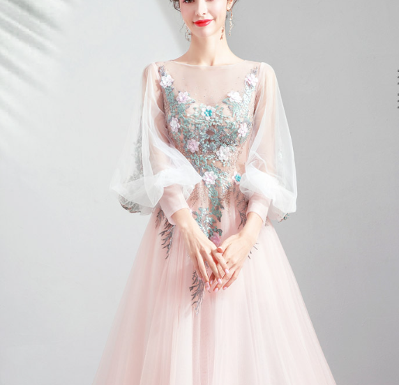 Flower lace dress Evening dress banquet female skinny sen super fairy pink bridal long sleeve toasting wedding dress annual runway evening dress