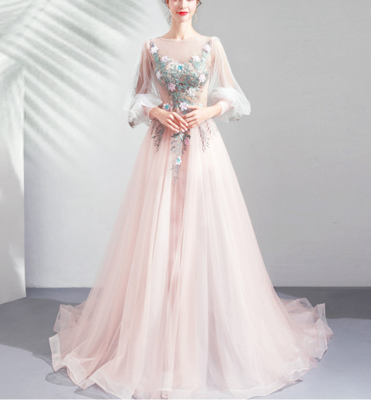 Flower lace dress Evening dress banquet female skinny sen super fairy pink bridal long sleeve toasting wedding dress annual runway evening dress