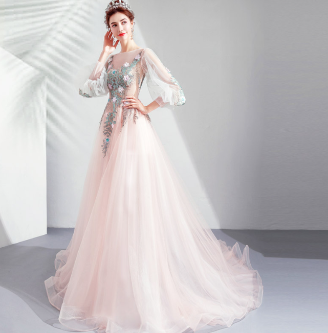 Flower lace dress Evening dress banquet female skinny sen super fairy pink bridal long sleeve toasting wedding dress annual runway evening dress