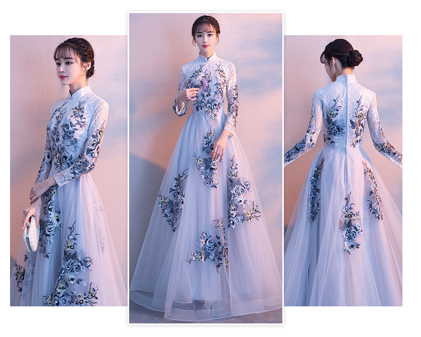 Evening dress 2022 new summer banquet temperament long fairy host Chinese stand-up collar dress