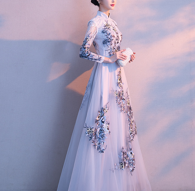 Evening dress 2022 new summer banquet temperament long fairy host Chinese stand-up collar dress