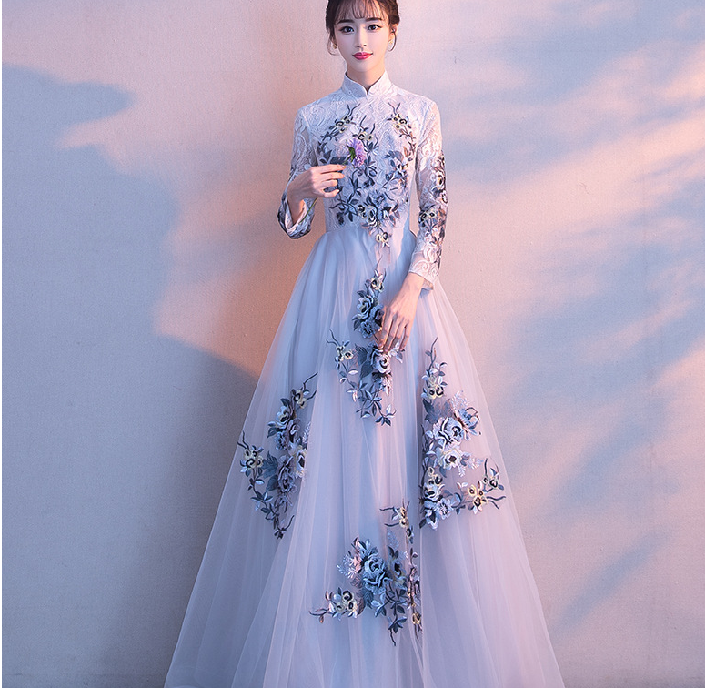 Evening dress 2022 new summer banquet temperament long fairy host Chinese stand-up collar dress