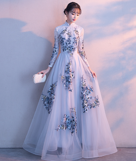 Evening dress 2022 new summer banquet temperament long fairy host Chinese stand-up collar dress