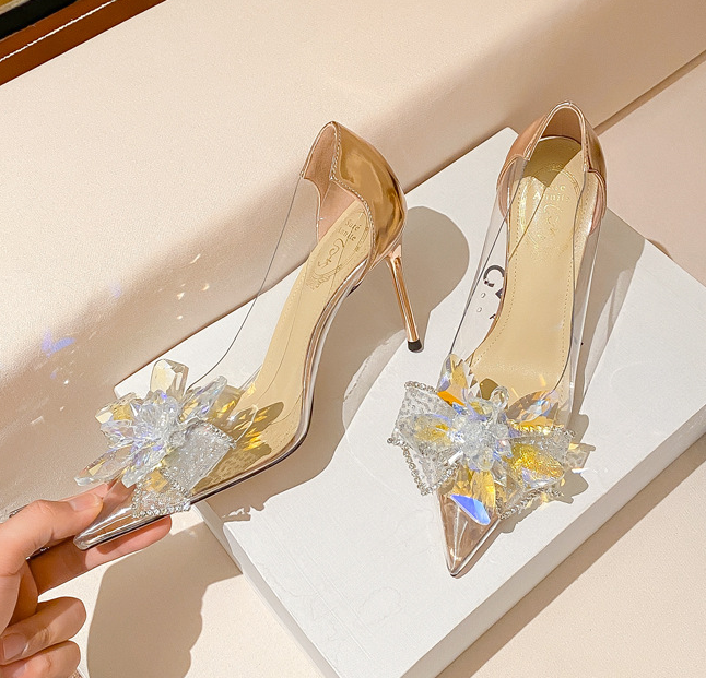 Fairy shoes heel Glass shoes New Korean fashion transparent high heels for women with thin heels, pointed rhinestones and champagne wedding shoes single shoes for women