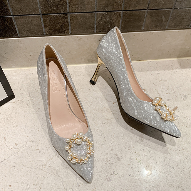 Silver bridesmaids can usually wear crystal pointed wedding shoes with high heels