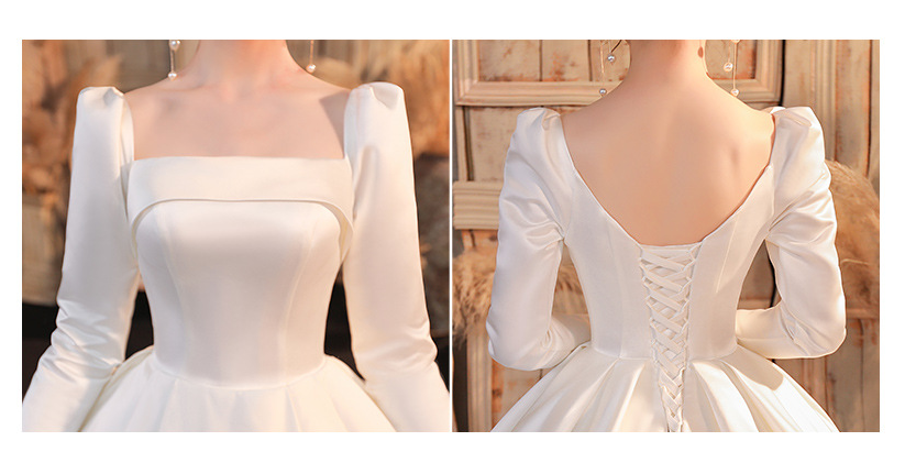 wedding dress satin dress spring and summer long sleeves French square collar temperament simple atmosphere slim cover thick arm bridal dress