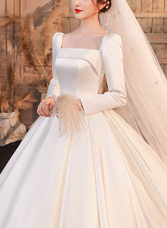 wedding dress satin dress spring and summer long sleeves French square collar temperament simple atmosphere slim cover thick arm bridal dress