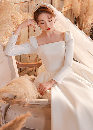 wedding dress satin dress spring and summer long sleeves French square collar temperament simple atmosphere slim cover thick arm bridal dress