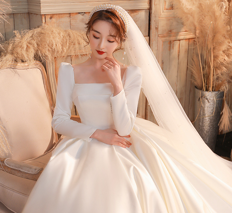 wedding dress satin dress spring and summer long sleeves French square collar temperament simple atmosphere slim cover thick arm bridal dress