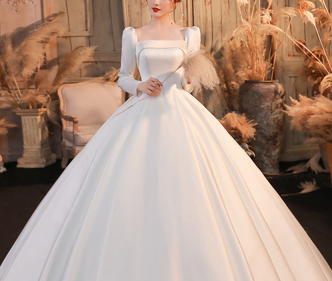 wedding dress satin dress spring and summer long sleeves French square collar temperament simple atmosphere slim cover thick arm bridal dress