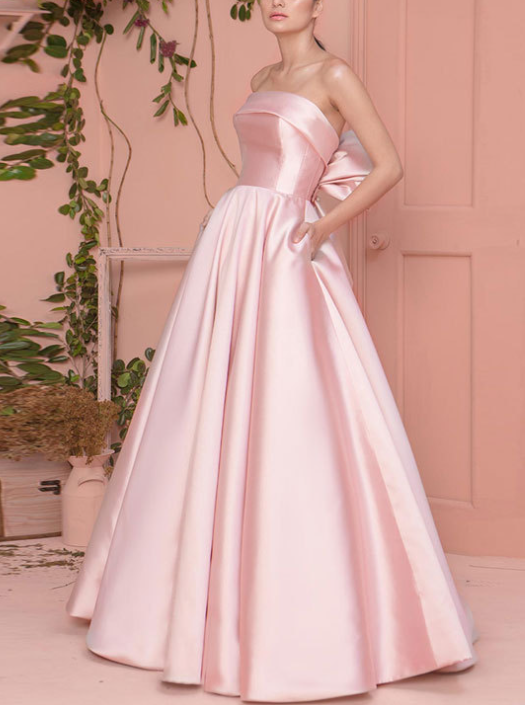 { 〓 Pink+ Big bowknot ❤ }  new satin level evening dress sexy strapless bow dress