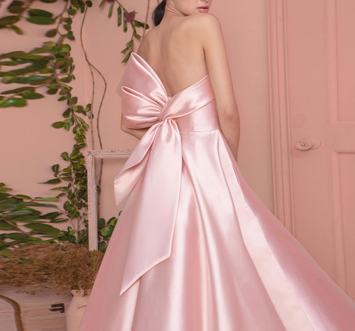 { 〓 Pink+ Big bowknot ❤ }  new satin level evening dress sexy strapless bow dress