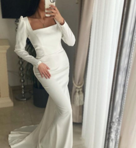 new simple satin wedding dress long sleeves sexy fishtail slimmer wedding dress