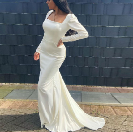 new simple satin wedding dress long sleeves sexy fishtail slimmer wedding dress