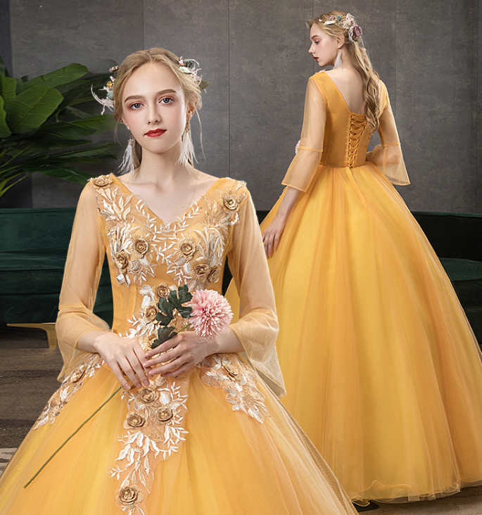 Yellowdress long sleeve dress wedding dress host dress party dress evening dress dress dress dress lace embroidery flower dress