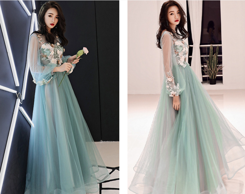 dinner dress green dress lace dress emerald green dinner dress annual performance host long sleeve wedding gown dress