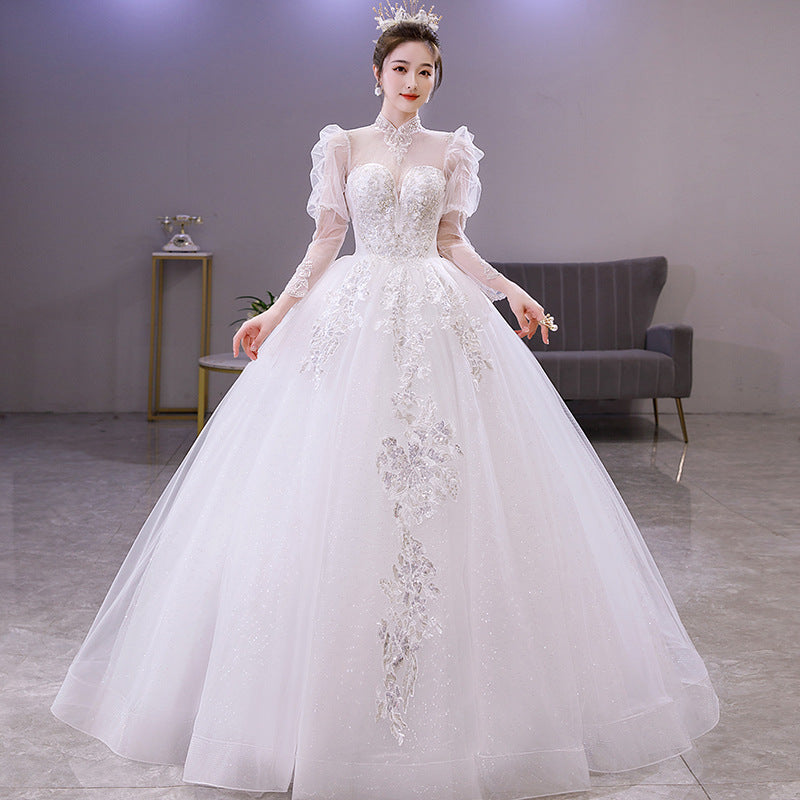 wedding dress long sleeve dress French Style Wedding Dress 2022 Autumn New Bridal Hepburn Court Style Small Arms Hiding Stand Collar Floor-Length Wedding Dress LAS405