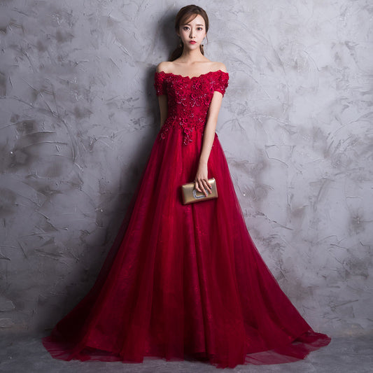 Toast Dress Wine Red 2022 New Summer Wedding Dress Banquet Bridal Evening Dress Elegant Engagement Long off-Shoulder dress muslimah