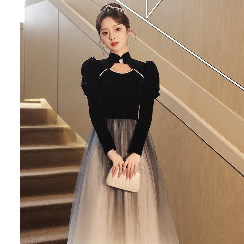 Evening Dress Long Sleeve Black Banquet Evening Dress for Women 2023 New Long Sleeve Elegant Art Exam Host Annual Meeting H281