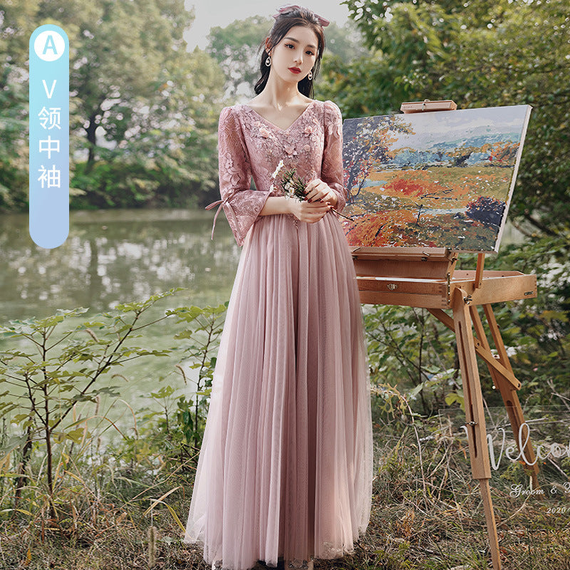 Pink Bridesmaid Dress Fairy Temperament 2022 New Spring Thickened Long Sleeve Girlfriends Ladybros' Dress Female Slimming